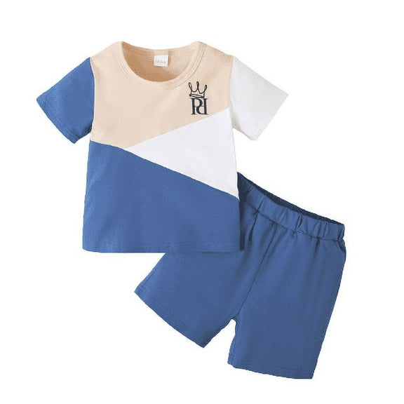 Mikrdoo Toddler Boys Outfits Crown Print 2 Years Baby Boys Splice Shirt Summer 3 Years Boys Elastic Shorts 2Pcs Clothes Set