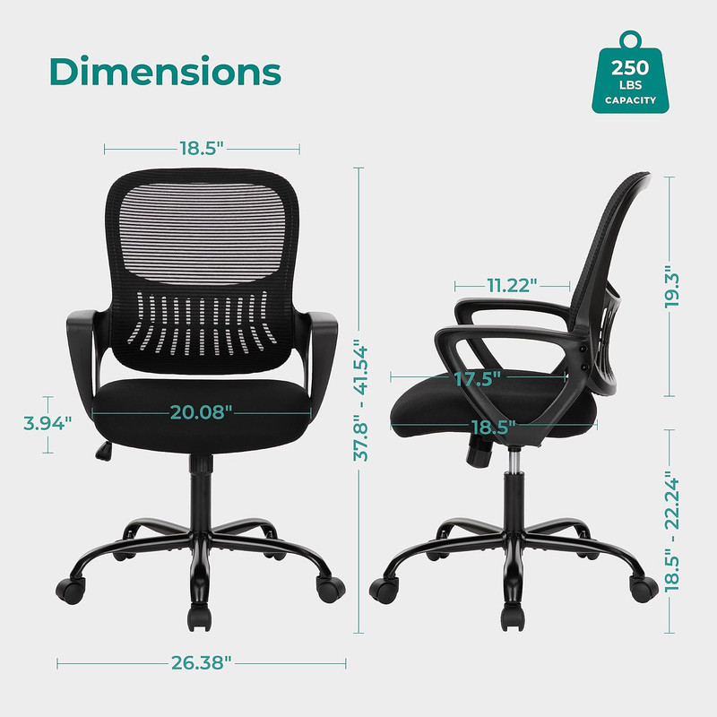 Bigleap Office Chair, Ergonomic Computer Chair, Mesh Desk Chairs with Comfy Lumbar Support and Armrest for Home, Bedroom, Study, Student, Adults, Black
