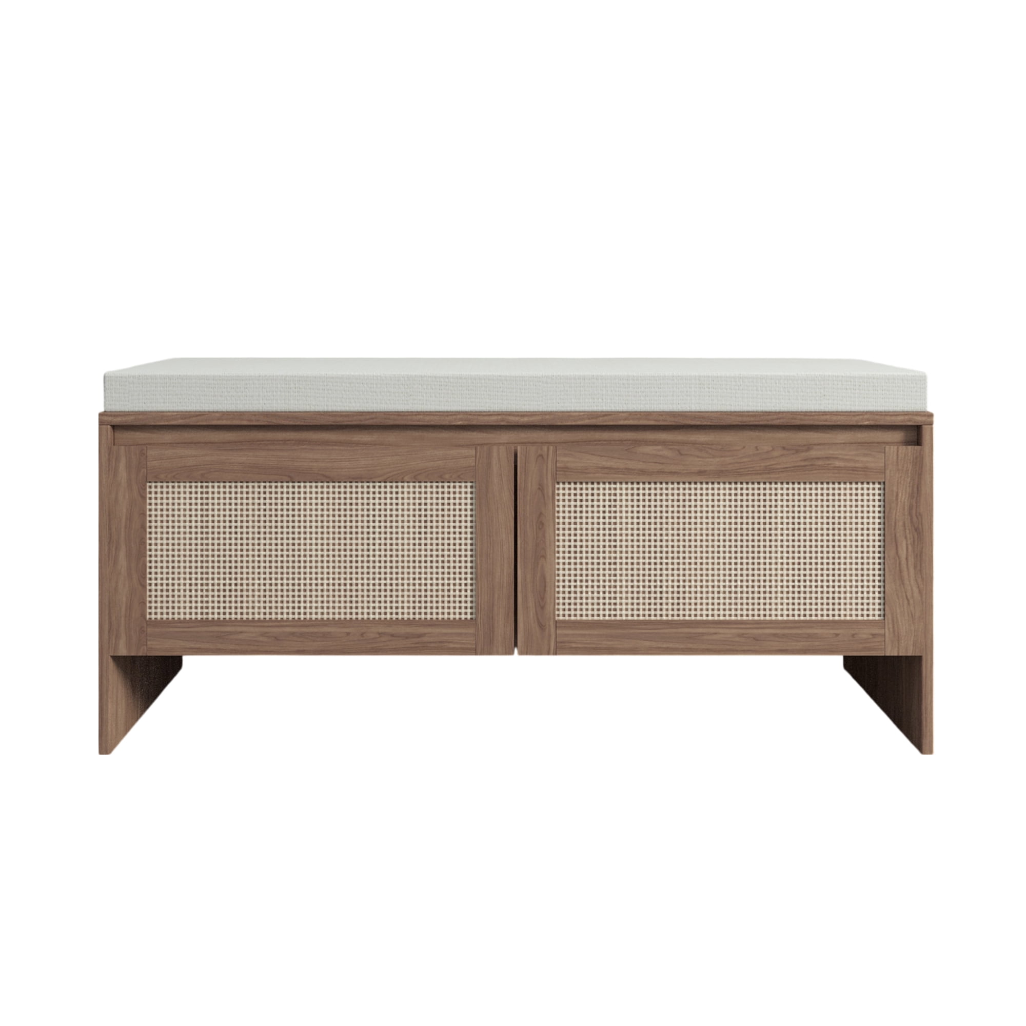 Aukfa Upholstered Entryway Shoe Storage Bench with Faux Rattan Cabinet Doors for Hallway/Bedroom/Living Room,Natural