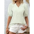 thumbnail image 4 of Womens Short Puff Sleeve Striped Blouses Top V Neck Loose Fit Casual Summer Work Blouses Striped Shirt Light Green M, 4 of 8