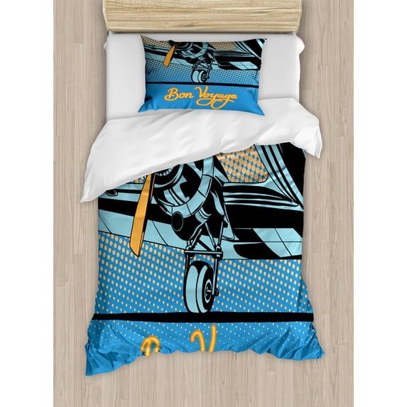 Airport Duvet Cover Set Twin Size, Retro Style Pop Art Graphic of Airplane with Propeller and Bon Voyage Typography, Decorative 2 Piece Bedding Set with 1 Pillow Sham, Multicolor, by Ambesonne