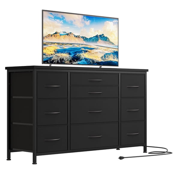 QinaQin Mueble para TV para pantallas de 45 o 50 pulgadas, con luces LED, estación de carga, 8 cajones de tela y repisas abiertas