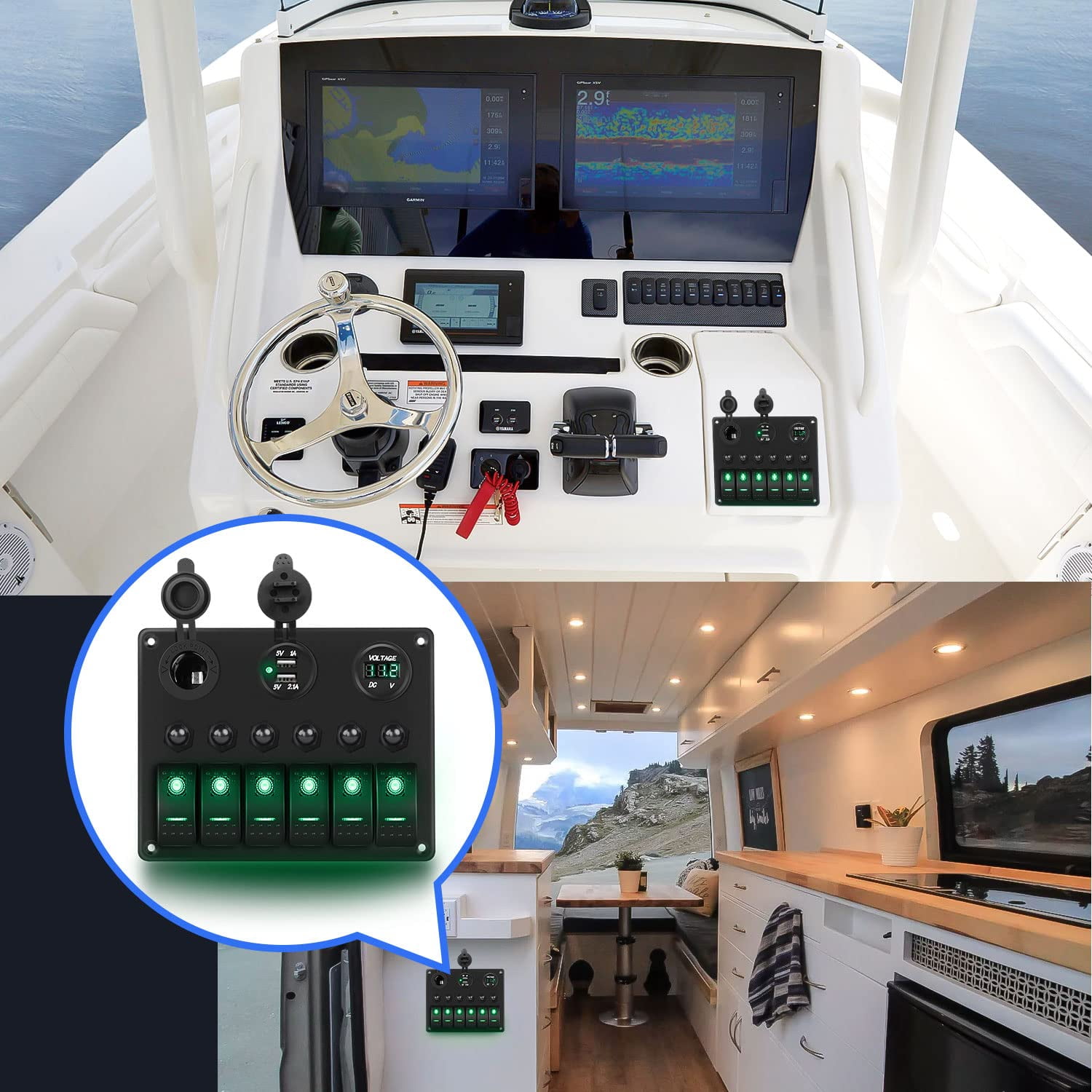 Nilight - 6 Gang ON Off Rocker Switch Panel Green Backlit 12V24V LED Digital Voltmeter Dual USB Charger Cigarette Lighter Socket Overload Protection Switch Panel For Cars RVs Boats
