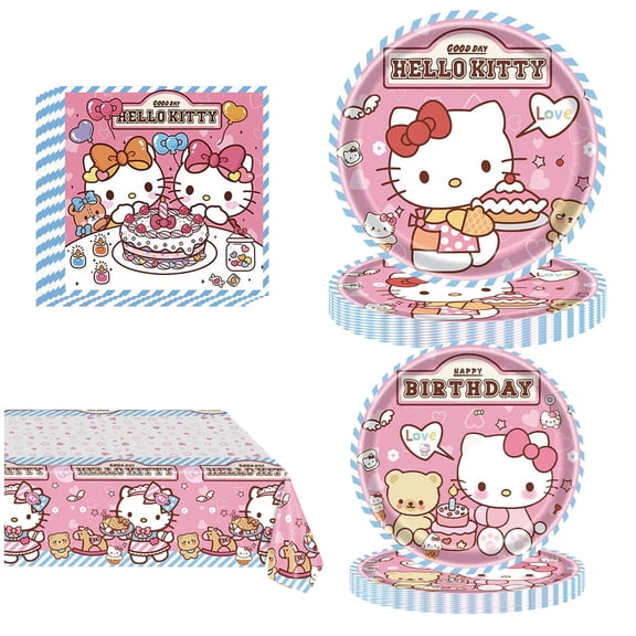 Tablecloth for Meow's birthday party supplies, 20 plates, 20 napkins, and 1 girl's Meow party decoration