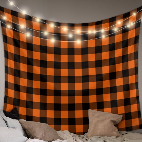 Black Orange Plaid Tapestry for Bedroom Wall Hanging Tapestry, Farmhouse Buffalo Check Gingham Ceiling Backdrop Tapestries Poster Blanket Wall Decor for Teens Room Living Room Dorm 55" x 73"