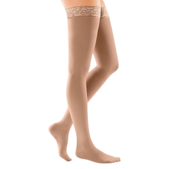mediven comfort 30-40 mmHg Thigh High w/Lace Silicone Top Band Closed Toe Compression Stockings, Natural, III-Petite