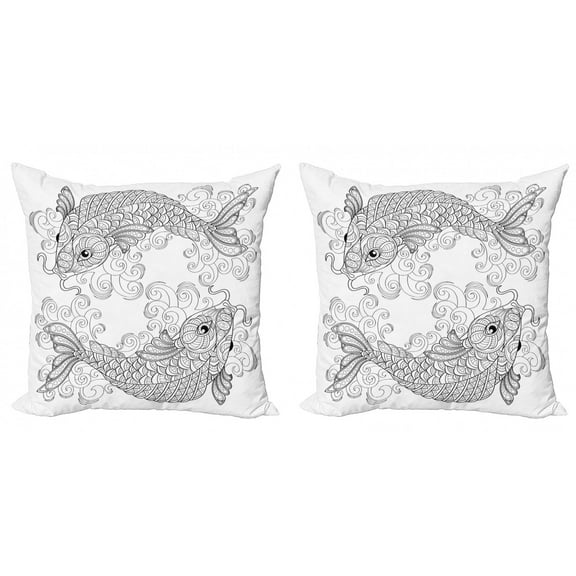 Ambesonne East Throw Pillow Cover 2 Pack, Koi Fish Pattern, 18", Grey and White