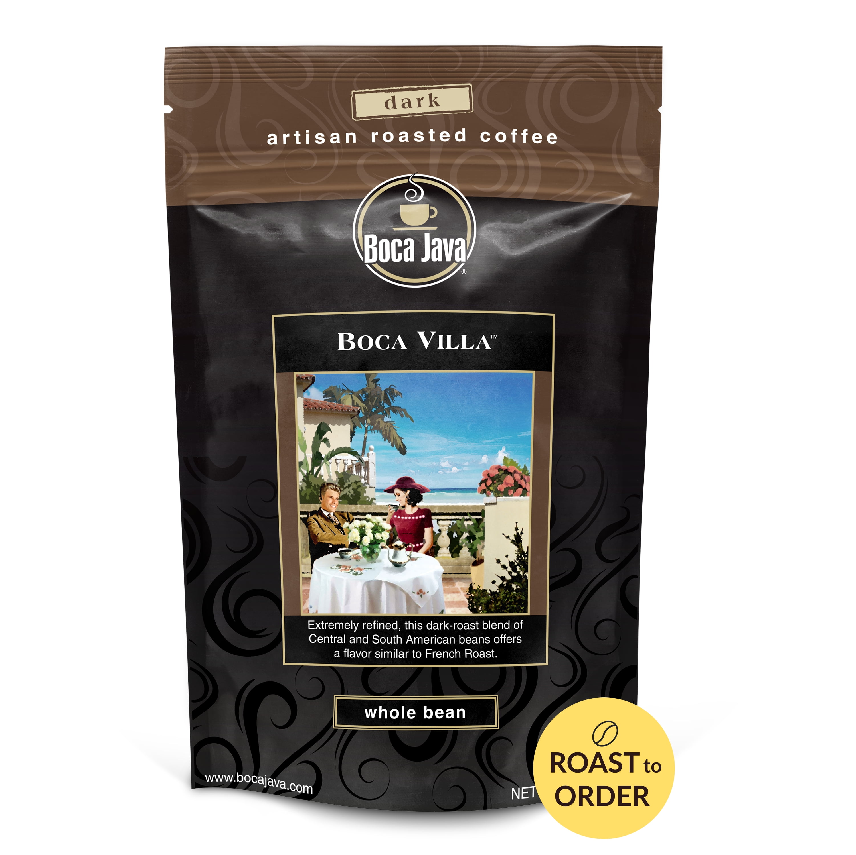 Boca Java Boca Villa Whole Bean Coffee, Dark Roast, 8 oz Bag, 100% Arabica, Roast to Order