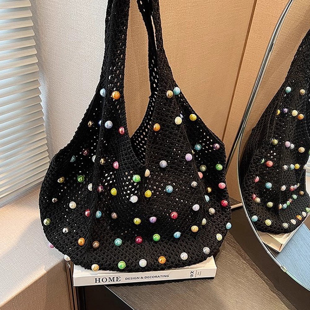 Jiibva Crochet Beach Bags Woven Travel Tote Boho Shoulder Bag Hollow Knitting Handbag Mesh Shoulder Bag Women Knitted Handbags for Holiday, Daily Work
