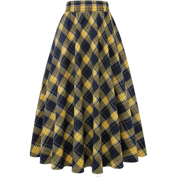 Falda Larga de Cintura Alta elástica para Mujer, Acampanada, a Cuadros, para Invierno, cálida Amarillo (Yellow New) 2XL Amarillo (Yellow New) 2XL Xishao ropa