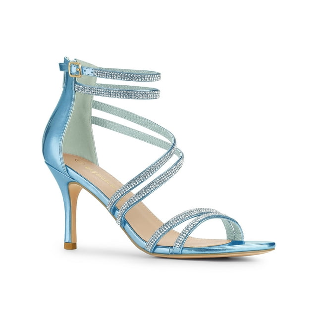 BLISSFUL STEP Women's Shoes Stiletto Heel Open Toe Ankle Strap Rhinestone Buckle Sandals Sky Blue 7