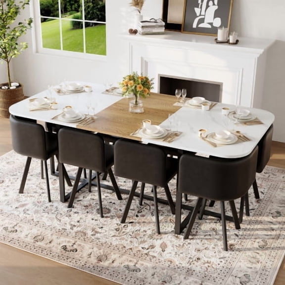 9-Piece Square Dining Table Set, Fixed White Faux Marble and Wood Grain Triamine Tabletop with 8 Black Faux Leather Chairs, Modern Kitchen Table Set for 8 People, Ideal for Family Gatherings