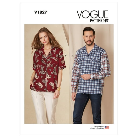 Vogue Sewing Pattern V1827 - Unisex Shirts, Size: A (S-M-L-XL-XXL)