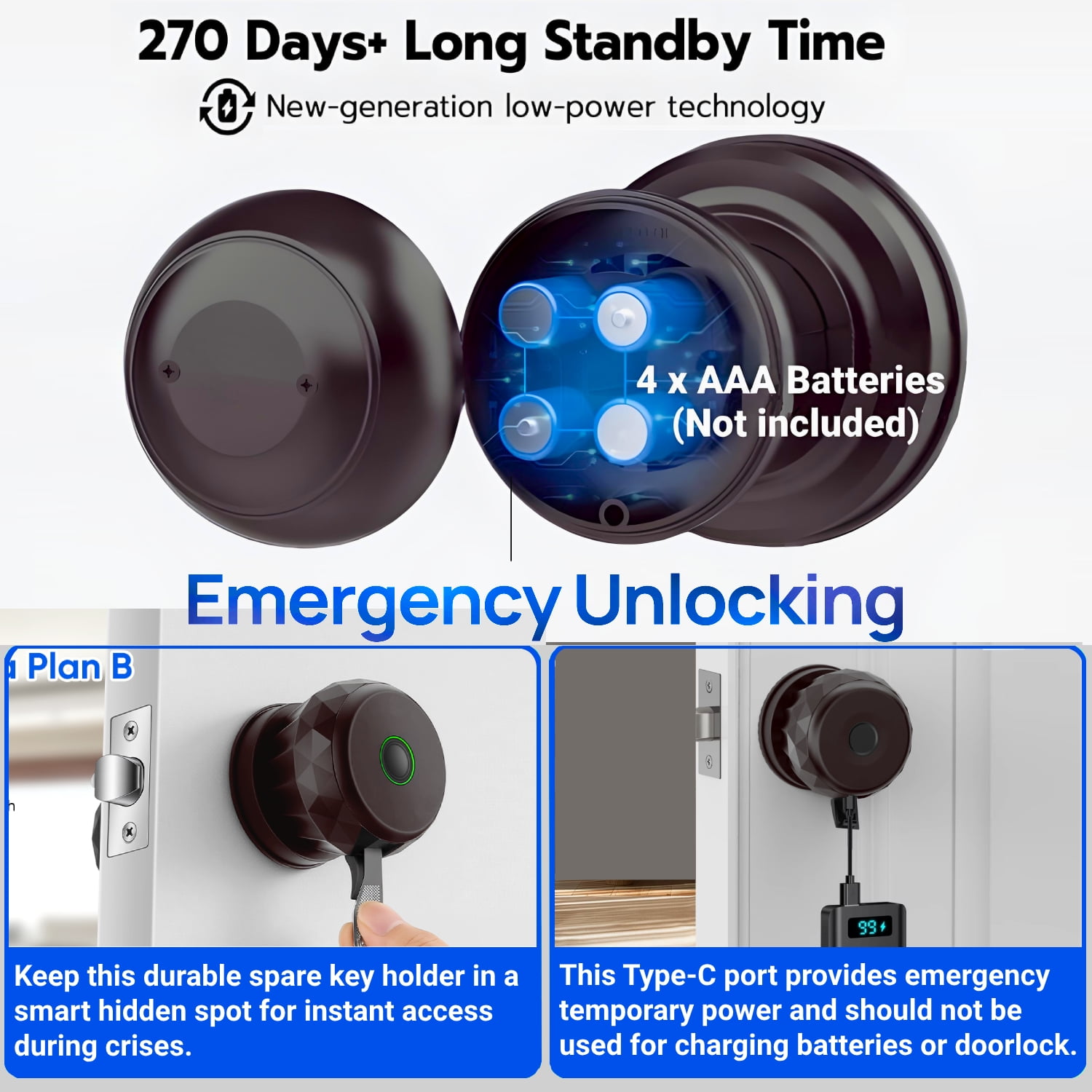 Door Knob,Blacksmith Smart Door Knob With 3 Ways Quick Unlock,Smart Door Lock,Bronze
