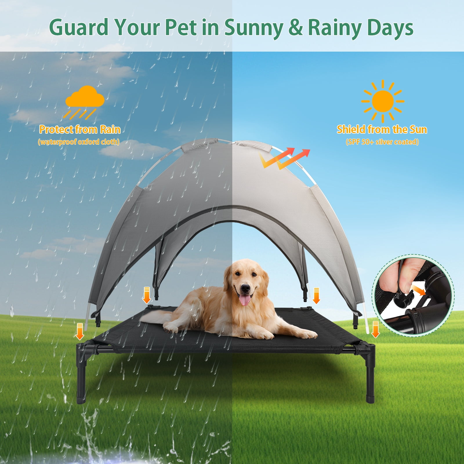 Elevated Dog Bed for Dogs, Outdoor Cooling Raised Pet Cot with Removable Canopy Portable Dog Shade Tent for Indoor & Outdoor Use, Grey