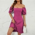 thumbnail image 2 of Mrat Puff Sleeve Dress for Women Short Solid Dress Short Sleeve Squares Neck A-Line Dress Can Wear off Shoulder S-58 Hot-Pink s, 2 of 8