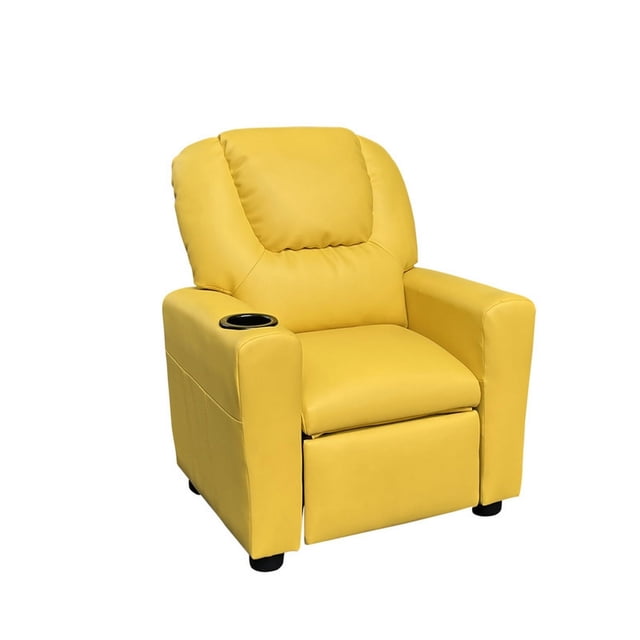 Sillón reclinable para niños Benzara con portavasos de piel sintética amarilla