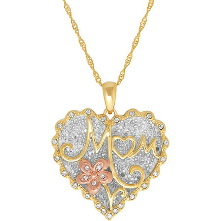 Signature Sparkle Mom with Flower Pave Crystal Gold over Silver Heart Pendant, 18