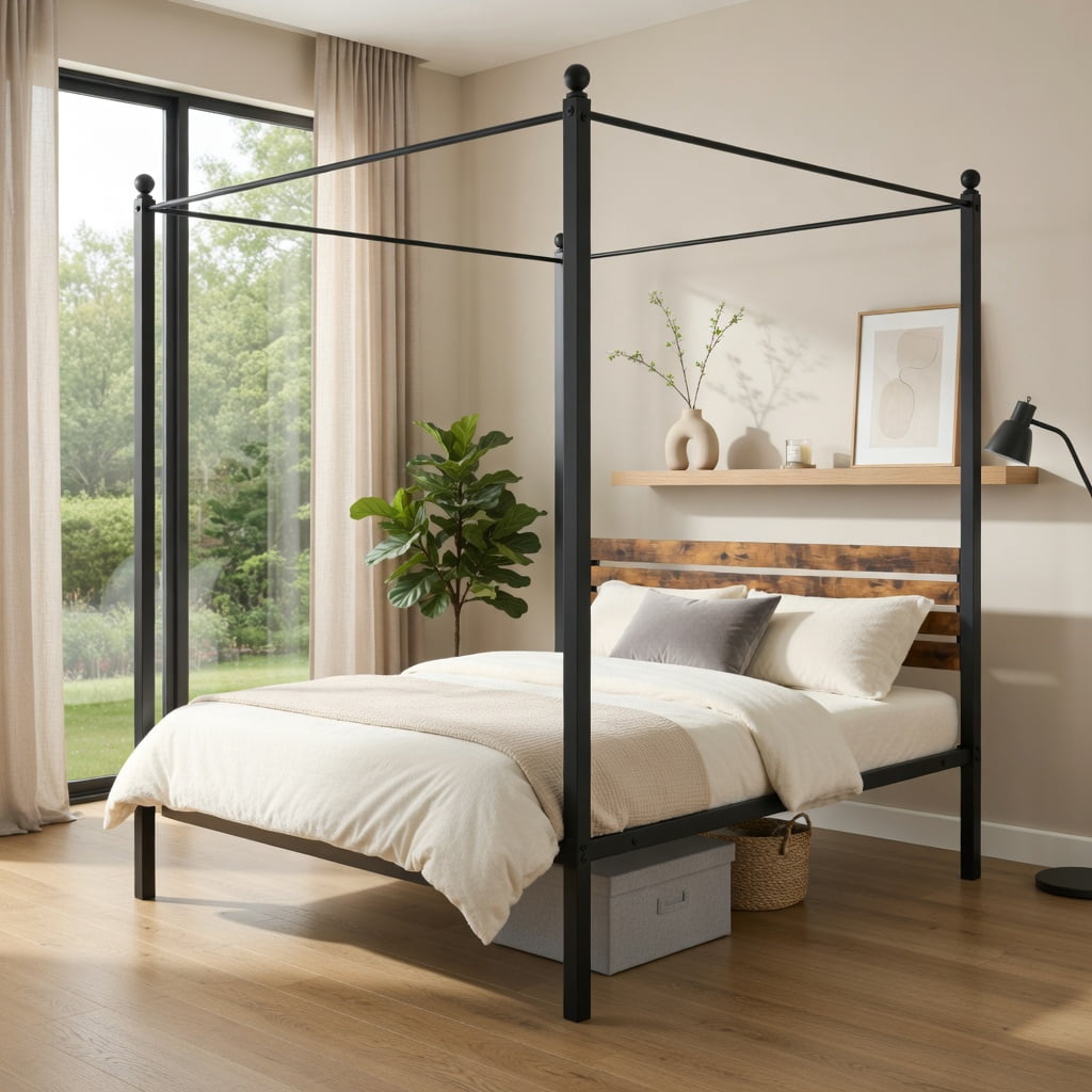 Demi Bonn Twin Size Canopy Metal Platform Bed Frame with Under Bed Storage, Steel Slat Support, No Box Spring Needed, Black