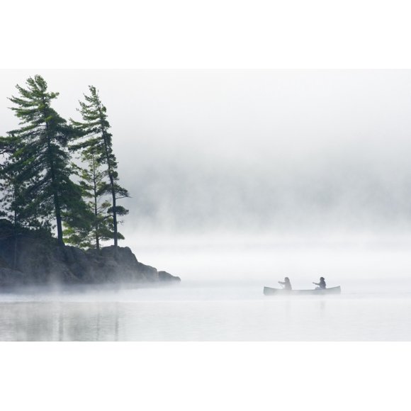 Canoeing Through Fog On Lake Of Two Rivers, Algonquin Provincial Park, Ontario Poster Print (34 x 22)