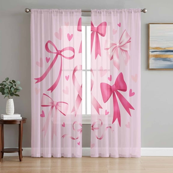 Valentine's Day Sheer Curtains 72 Inch Length 2 Panels Set, Pink Bows Romantic Love Heart Voile Window Treatment Rod Pocket Curtains Sheers Drapes for Bedroom/Living Room/Kitchen 52"x72"x2