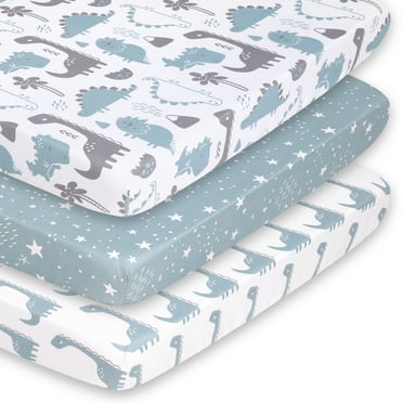 The Peanutshell Pack n Play, Mini Crib, Portable Crib or Fitted Playard Sheets for Baby Boy, Blue Dino, 3 Pack Set