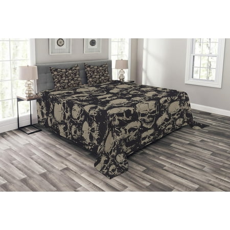 Seashore Themed Bedspreads Skull Bedspread Set, Grunge Scary Skulls Sketchy Graveyard Death Evil Face Horror Theme Design, Decorative Quilted Coverlet Set with Pillow Shams Included, Charcoal Grey Tan, by Ambesonne ()