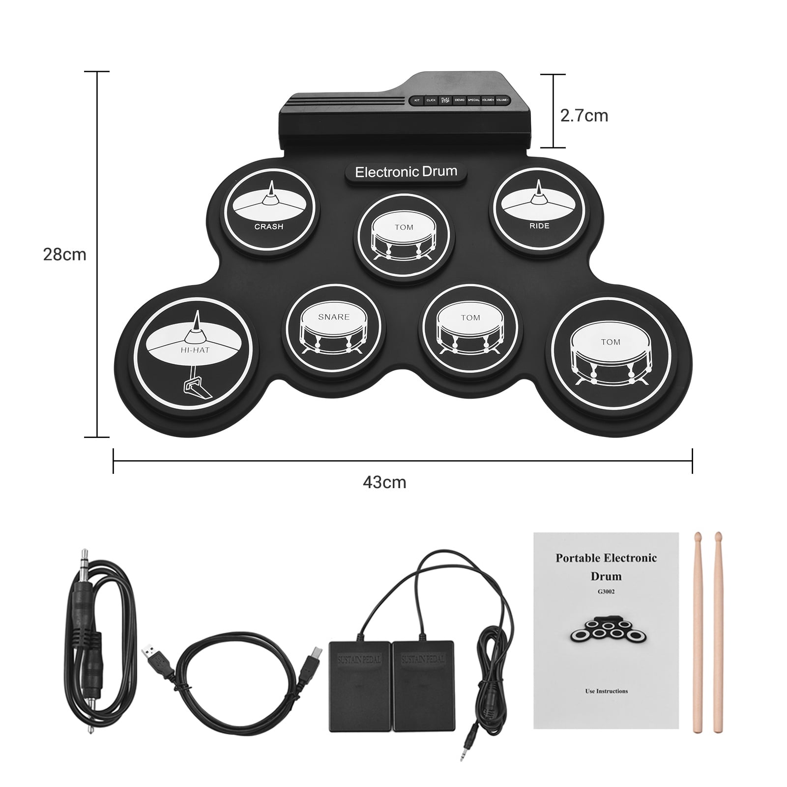 Compact Size USB Roll-Up Silicon Drum Set Digital Electronic Drum Kit 7 Drum Pads with Drumsticks Foot Pedals for Beginners Children Kids