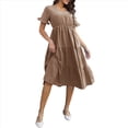 thumbnail image 3 of Vestido Informal de Mujer con Escote en V, Volantes y Corta, Corte A, Holgado, Midi Caqui Oscuro XL, 3 of 9