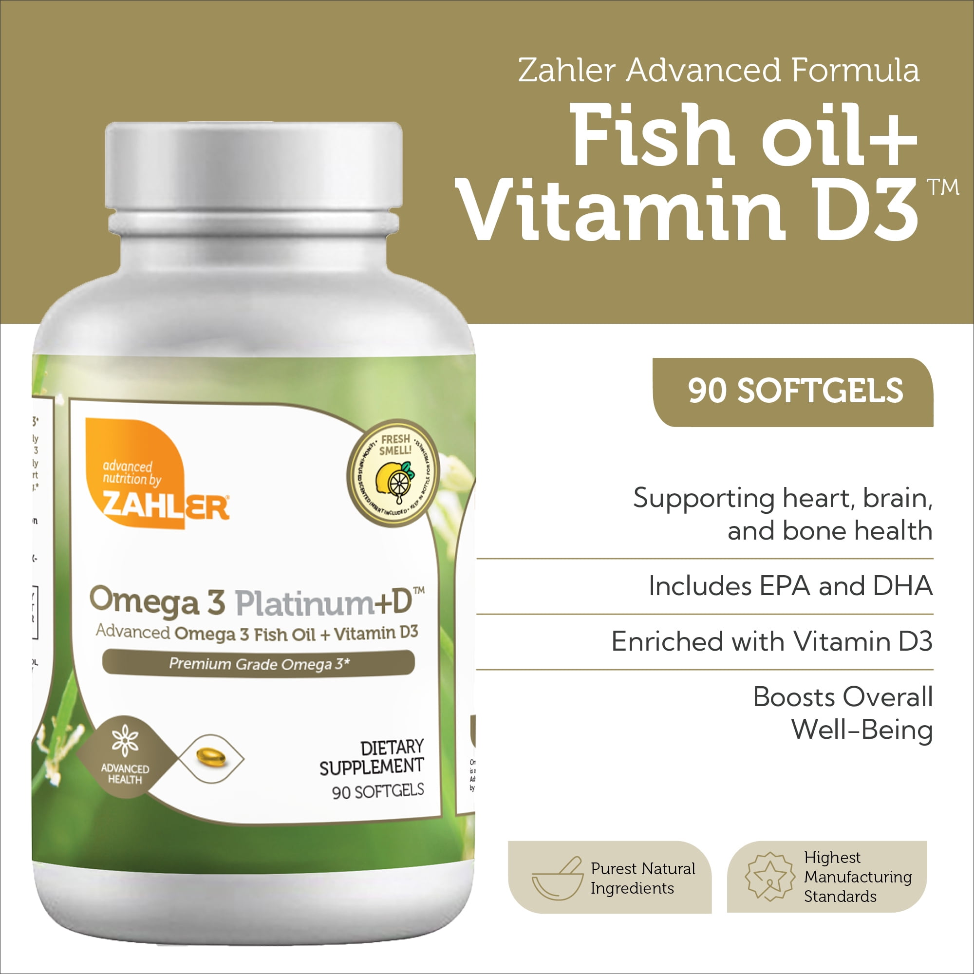 Zahler Omega 3 Platinum+D, 2,000 mg, 90 Softgels, Omega 3, Omega 3 Fish Oil, Omega & Fish Oil Omega 3 with Vitamin D