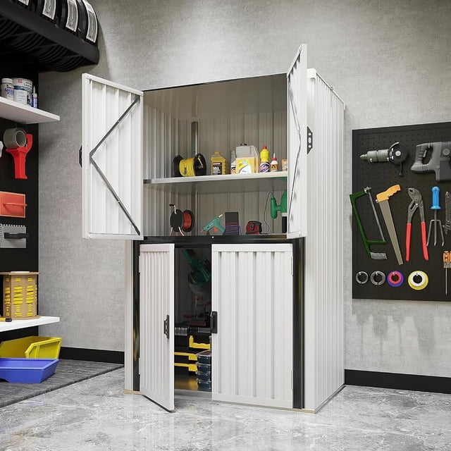AECOJOY Armoire de Rangement Extérieure Étanche avec Tablettes, Remise de Rangement Verticale Haute Verrouillable, Grande Armoire Extérieure Étanche pour Jardin (Blanc)
