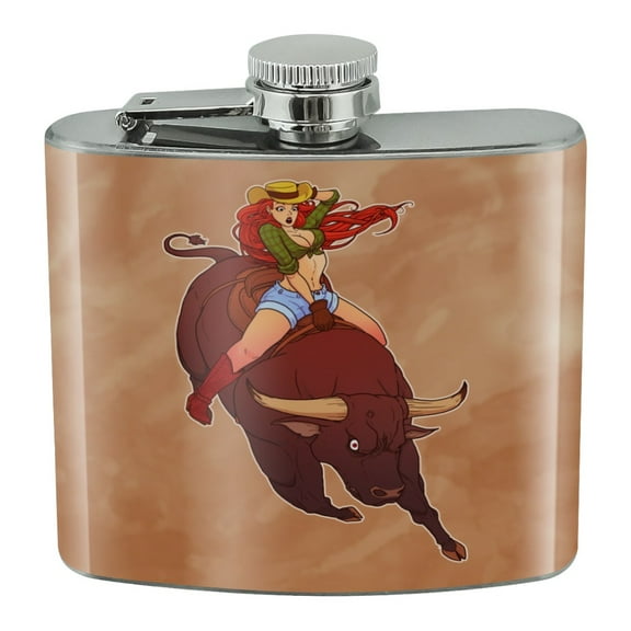Cowgirl Pinup Riding Bucking Bull Rodeo Stainless Steel 5oz Hip Drink Kidney Flask