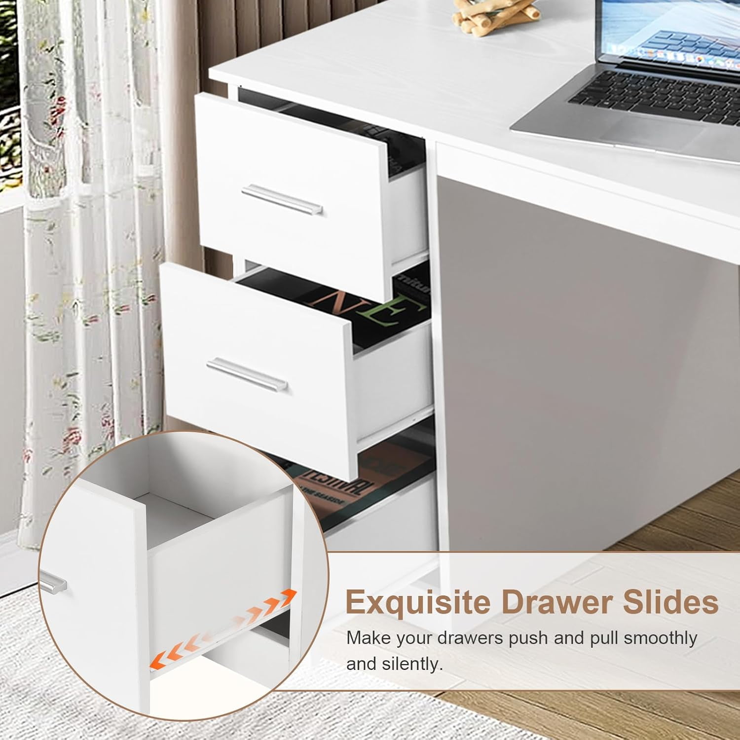 DreamCurship White Desk with Drawers, Home Office Desk with Hutch Shelf, Wood Study Writhing Desk for Kids, White