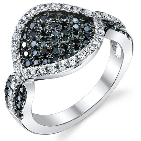 Peora Pave Set Black and White CZ Engagement Ring in Rhodium-Plated Sterling Silver