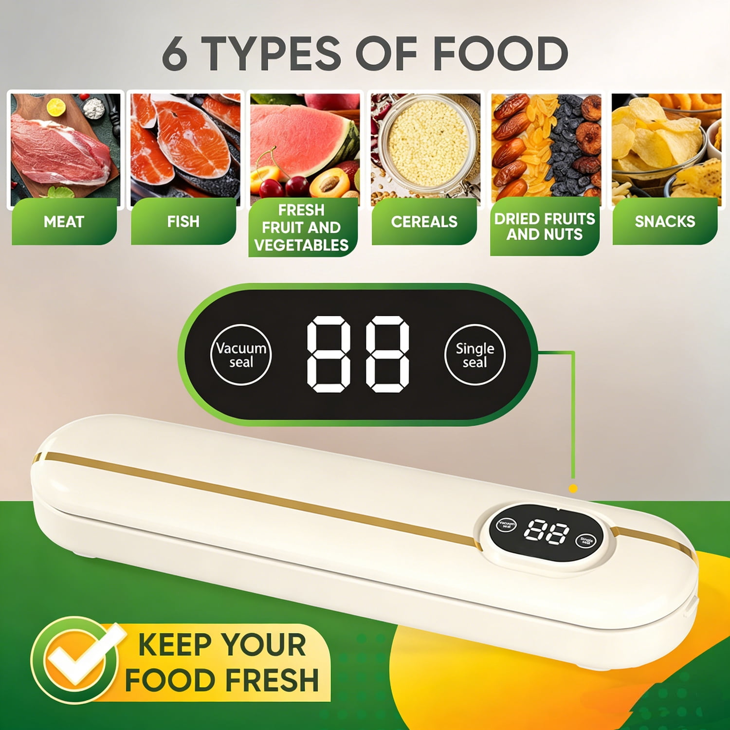 LC-dolida Multifunctional Vacuum Sealer, 60 kPa Food Vacuum Sealer Machine with LED Display & 10 Sealing Bags, 3 Sealing Modes One-click Operation Powerful Suction for Dry and Moist Food（Beige）