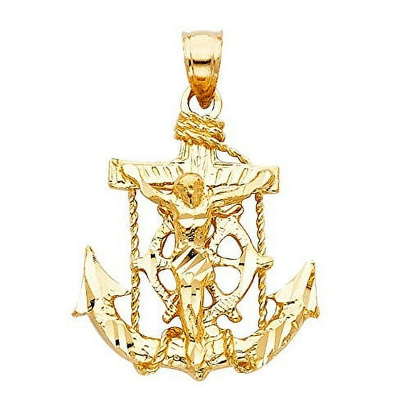 Solid 14K Yellow Gold Jesus Cross Crucifix Pendant - Charm Mariner Anchor Finish - Handmade Spiritual Symbol - Gold Stamped Fine Jewelry - Great Gift for Men & Women for Occasions