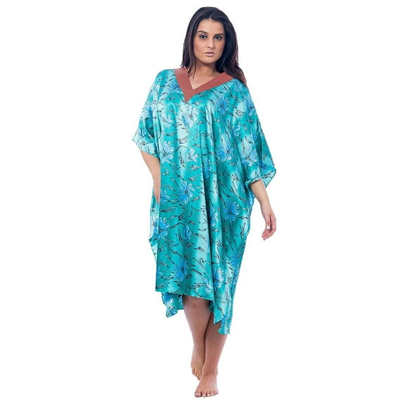 Up2date Fashion's Women's Satin Short Caftan / Kaftan, Underwater Lilies Print