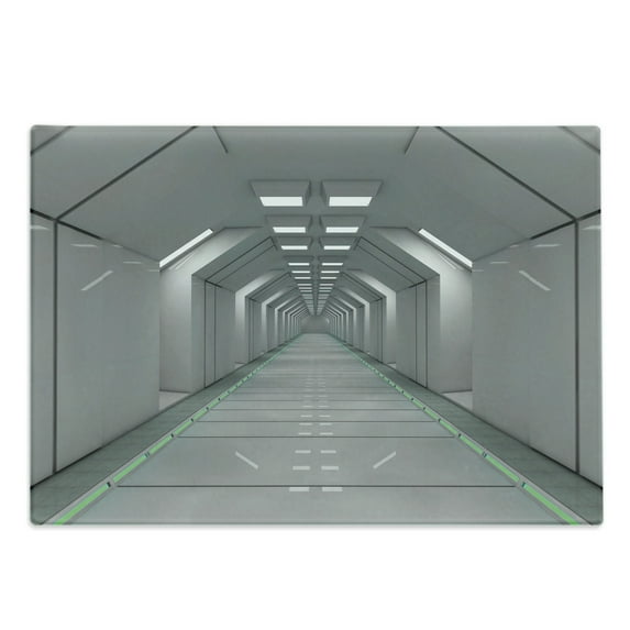 Futuristic Cutting Board, Sci-Fi Corridor Inside Space Station Ship Laboratory Technology Fiction Picture Art, Decorative Tempered Glass Cutting and Serving Board, Large Size, Green, by Ambesonne