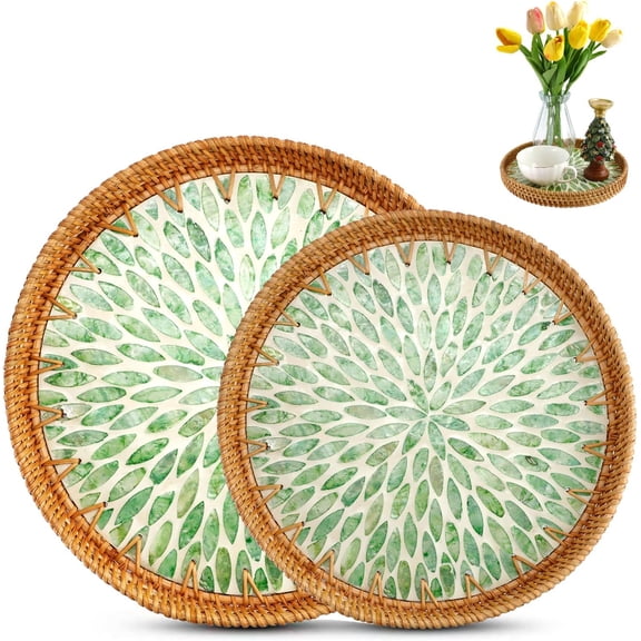 2pcs Round Rattan Tray with Mother of Pearl Inlay, Serving Trays with Wooden Base, Woven Wicker Basket for Kitchen Coffee Table Decor, Storage and Display of Bread Fruit (9.4in, 11.8in)
