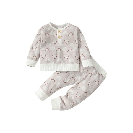 

Jkerther Toddler Baby 2Pcs Sun Print Outfits Button Front Knit Tops + Pants
