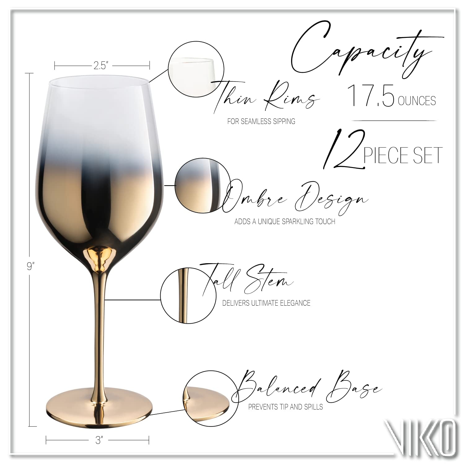 Vikko dcor Silver Ombre White Wine Glasses | Thin, Handblown Glass Tall, Elegant Stem Dishwasher Safe 17.5 Ounce Cup Great Gift Idea Set of 8 Wine