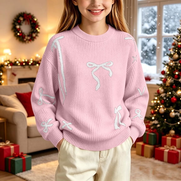 Winter Sweaters for Girl Cozy Thermal Long Sleeve Crew Neck Cute Bow Printed Pullover Sweater for Daily Casual Family Gathering Wear Pink 7-8 Years