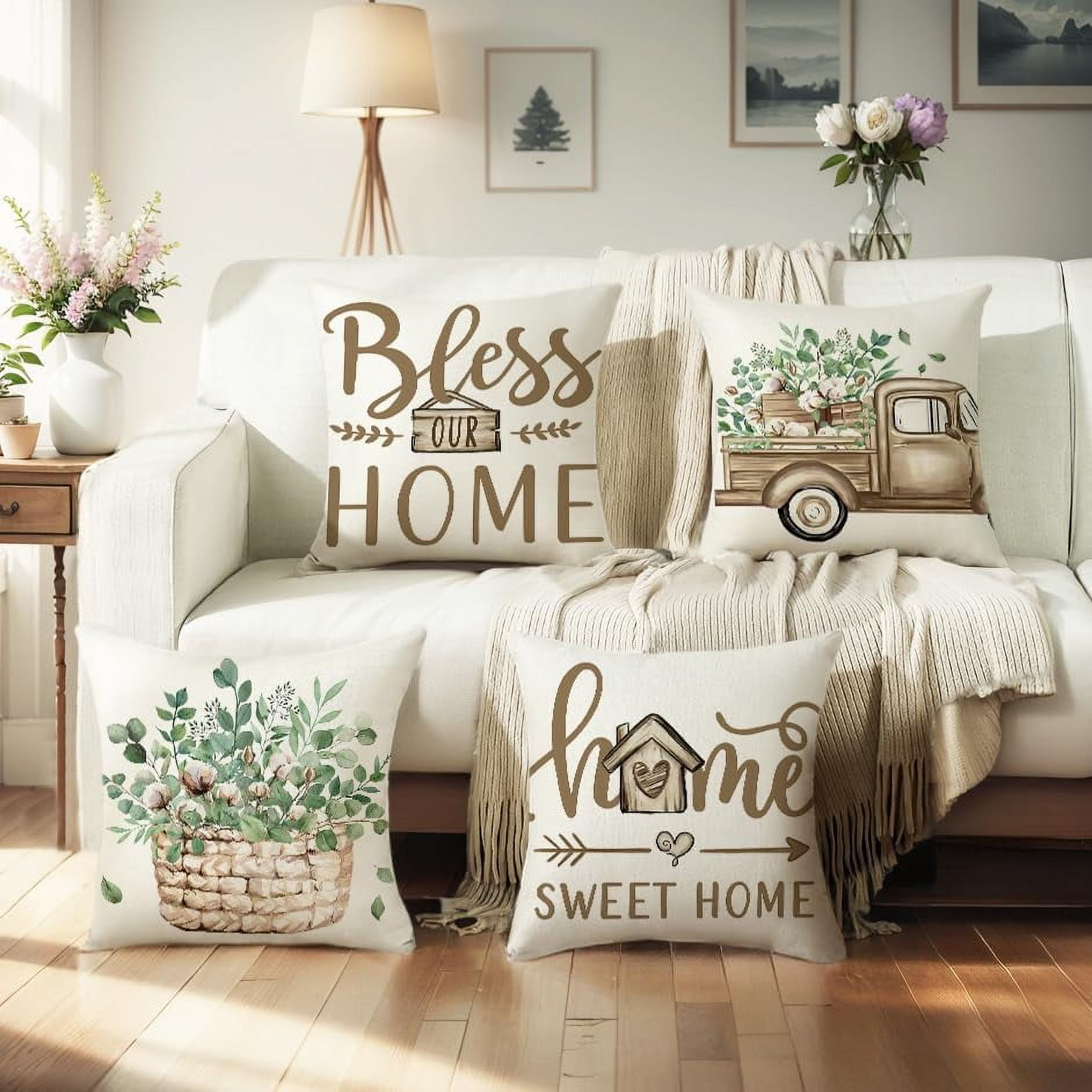 Throw Pillow Covers 20x20 Set of 4 Farmhouse Pillow Covers Natural Home Sweet Home Cushion Cases for Sofa Couch Living Room Outdoor Home Decor