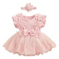 thumbnail image 2 of Riecok Baby Girl Infant 1st Birthday Princess Romper Dress Mesh Skirt 3D Flower Applique Ruffle Sleeve Occasion Dressy Pink 0 M, 2 of 8
