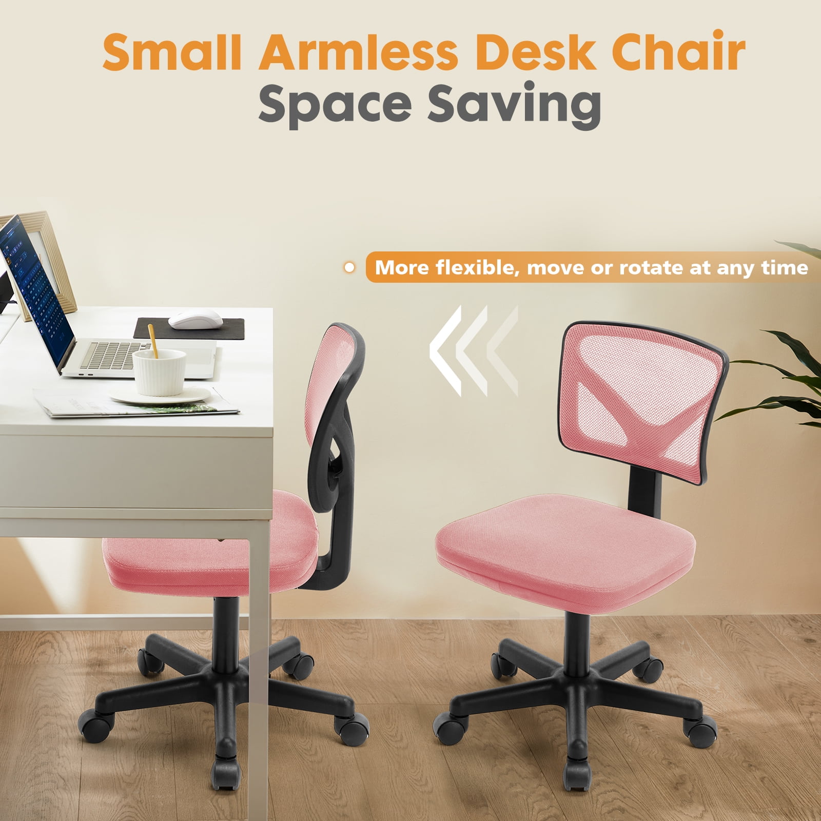 CONCETTA Ergonomic Home Office Mesh Desk Chair, Small Space, Armless Rolling Chair for Adults, Pink