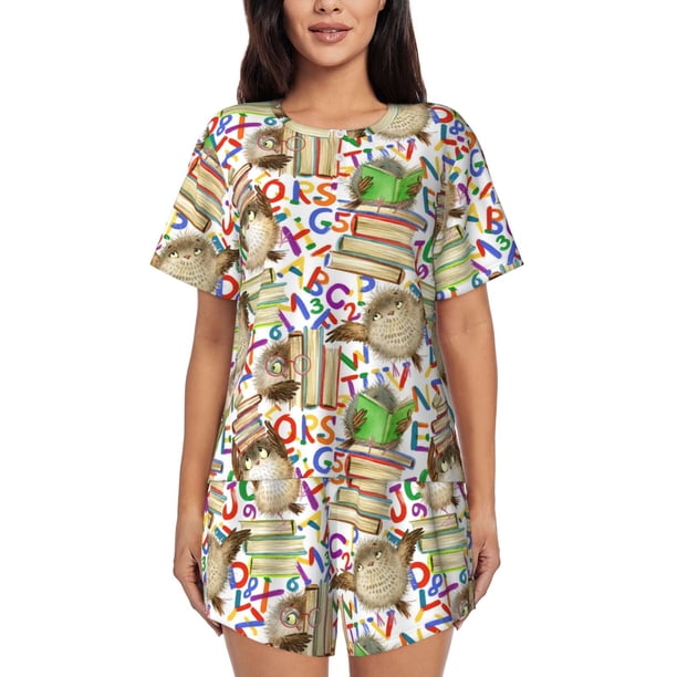 Fotbe Owl Back To School Conjunto de Pijama Estampado para Mujer, 2 Piezas, Ropa de Dormir con Camiseta de Manga Corta y Shorts Suaves-Small
