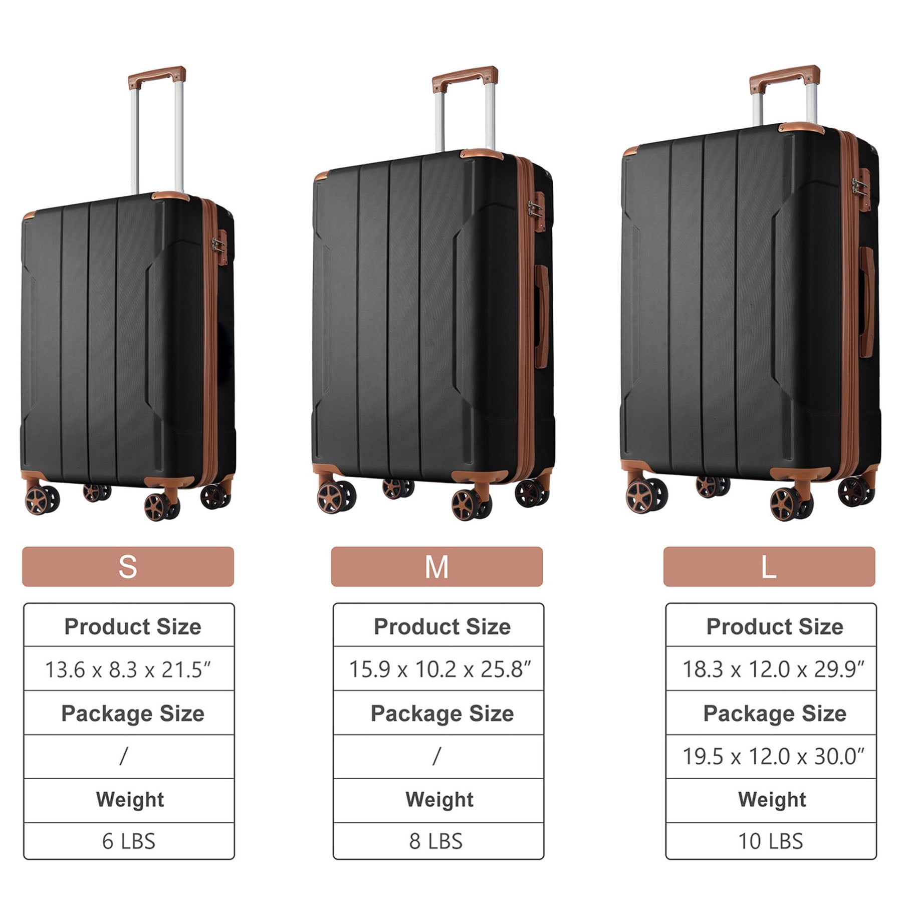 S-HOME 3 Piece Hard Shell Luggage Sets in Lightweight ABS with Double Spinner Wheels 20 24 28 Inch for Travel, Black