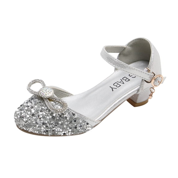 TOWED22 Girls Sandals Glittler Bow Dress Shoes Princess High Heels Party Wedding Flower Girls Shoes for Kid Toddler(Silver,3 Little Kid)
