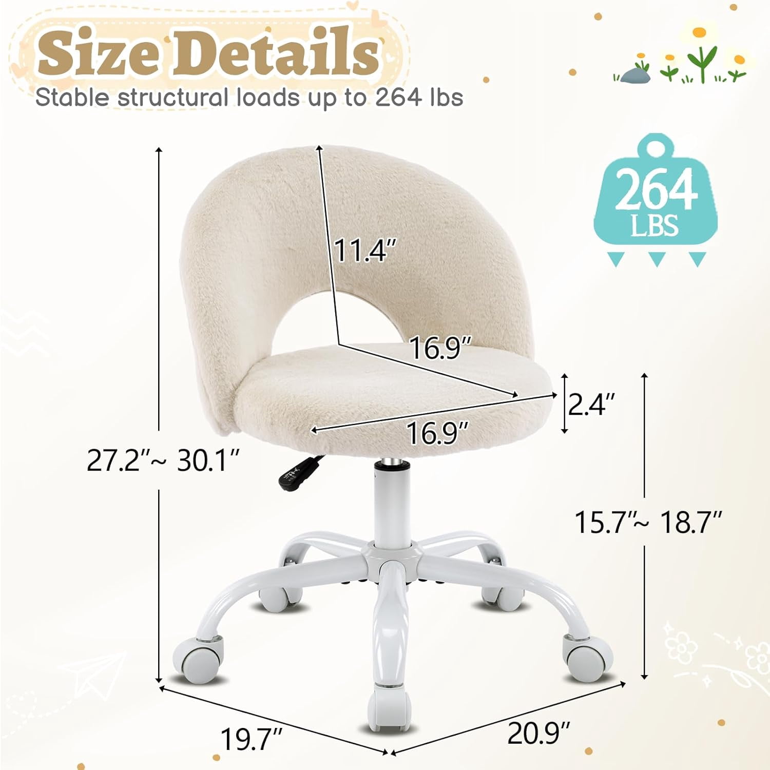 VINGLI Small Vanity Chair with Wheels for Girls.Cute Modern Adjustable Height Armless Office Desk Chair.360°Swivel Comfy Rolling Chair for Study, Make up Room,Small Space,Linen White