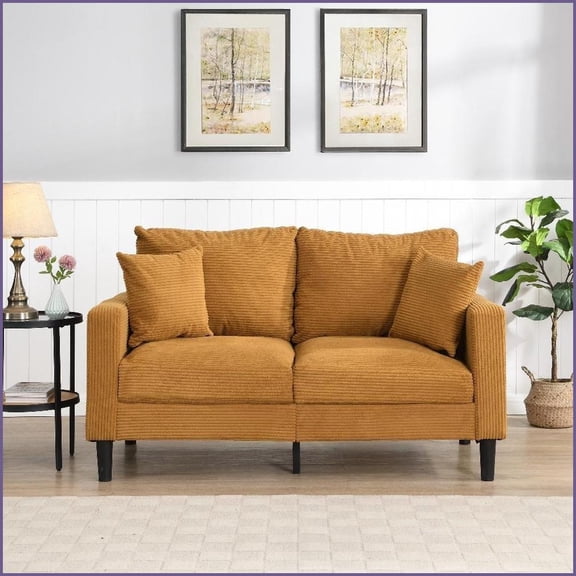 57” Modern 2-Seater Corduroy Loveseat | Cushion Back | Flared Arms – Solid Wood Frame, 2 Pillows for Small Spaces (Orange)